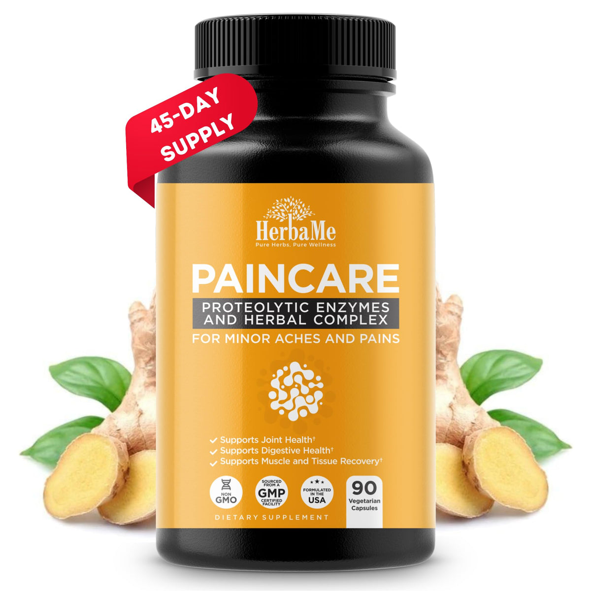 HerbaMe proteolytic enzymes bottle front view, supporting active joint mobility.