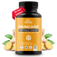 HerbaMe proteolytic enzymes bottle front view, supporting active joint mobility.