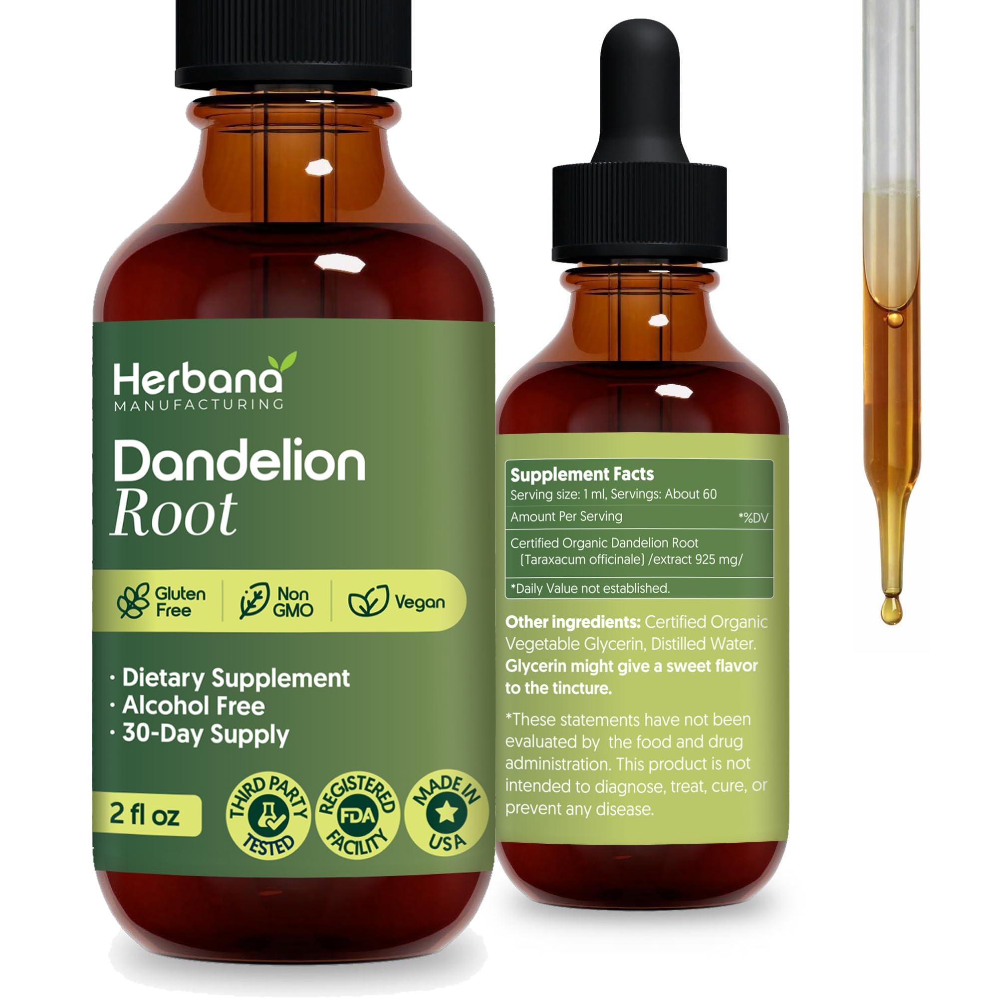 Herbana Manufacturing dandelion root liquid bottle for daily wellness