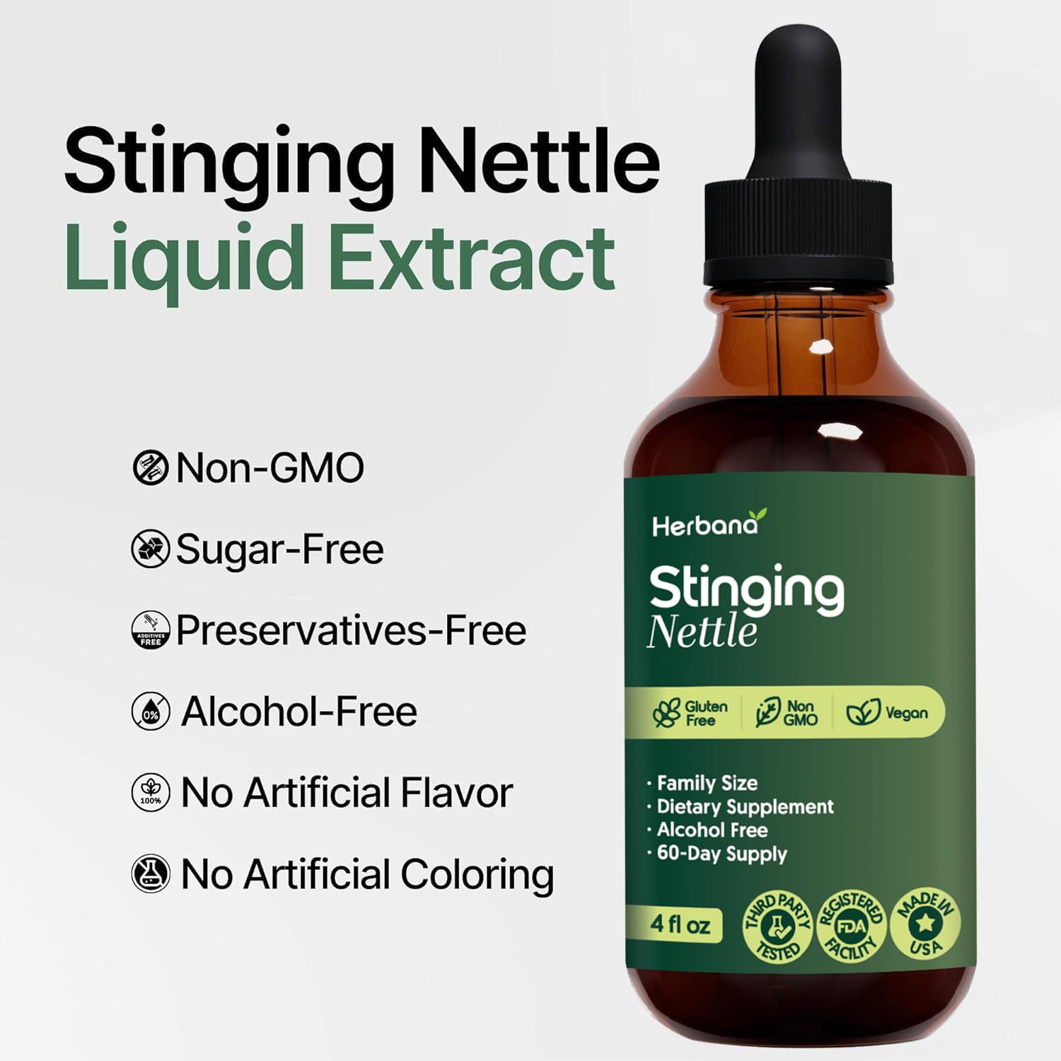 Close-up of nettle liquid dropper dispensing from HERBANA bottle.
