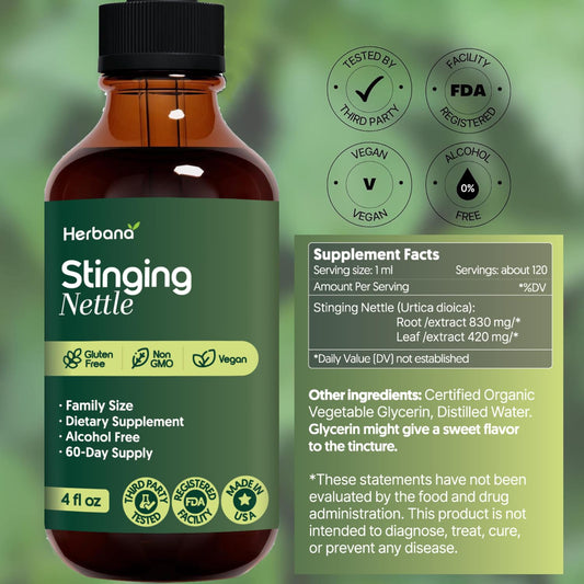 HERBANA nettle root liquid bottle showing plant-based wellness support.