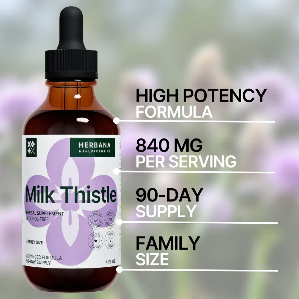 HERBANA Milk Thistle bottle being poured into a glass