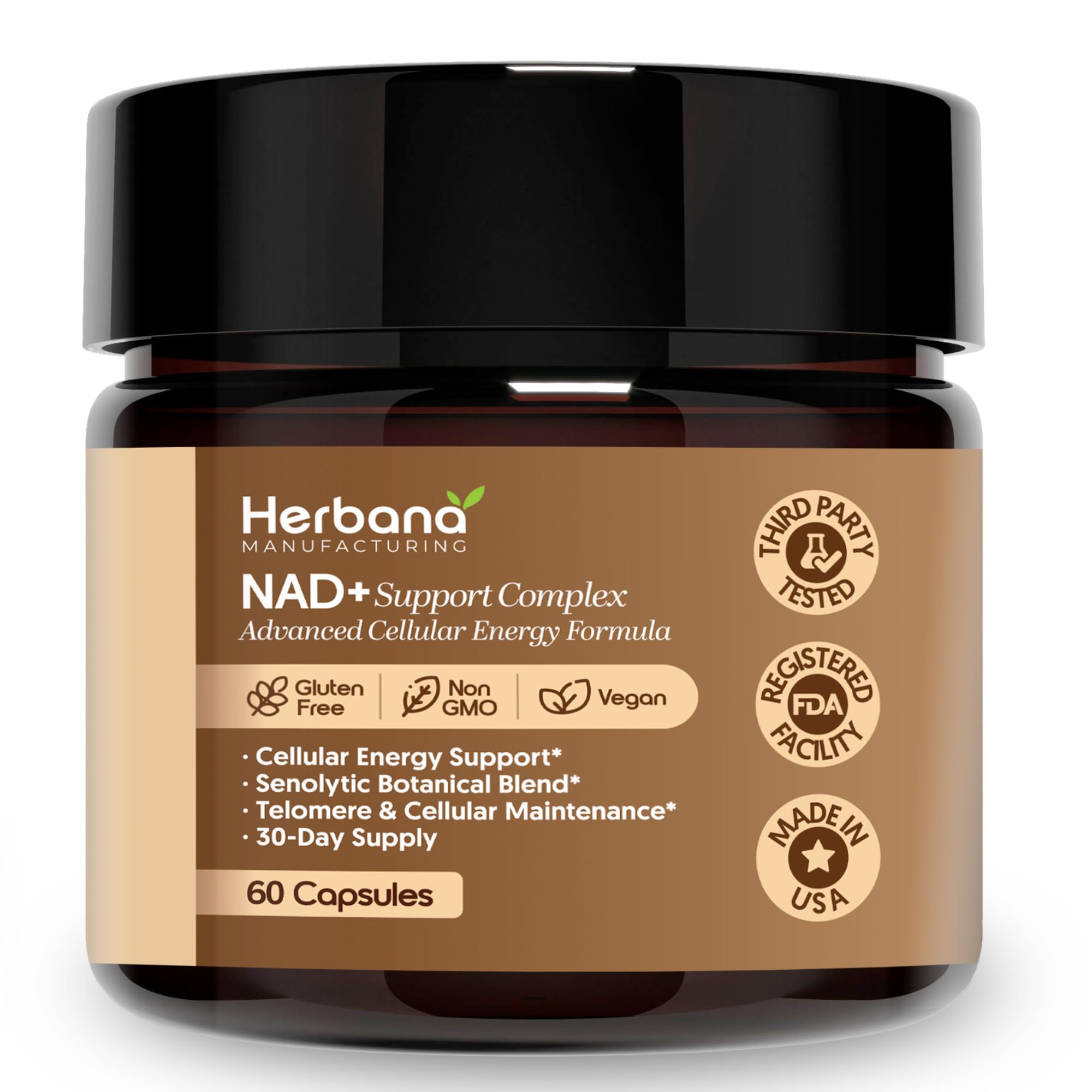 Herbana NAD+ Support Complex bottle front for daily energy support.