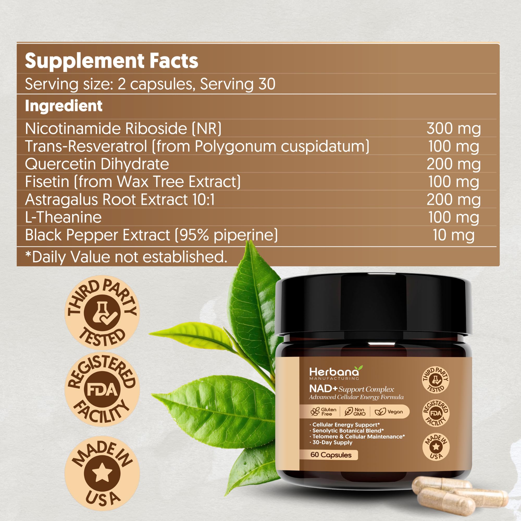 Herbana NAD+ Support Complex label closeup showing NAD+, Resveratrol, Quercetin benefits.