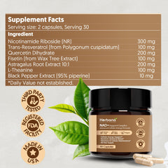 Herbana NAD+ Support Complex label closeup showing NAD+, Resveratrol, Quercetin benefits.