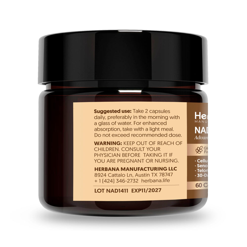 Herbana NAD+ Support Complex packaging design with clean branding.