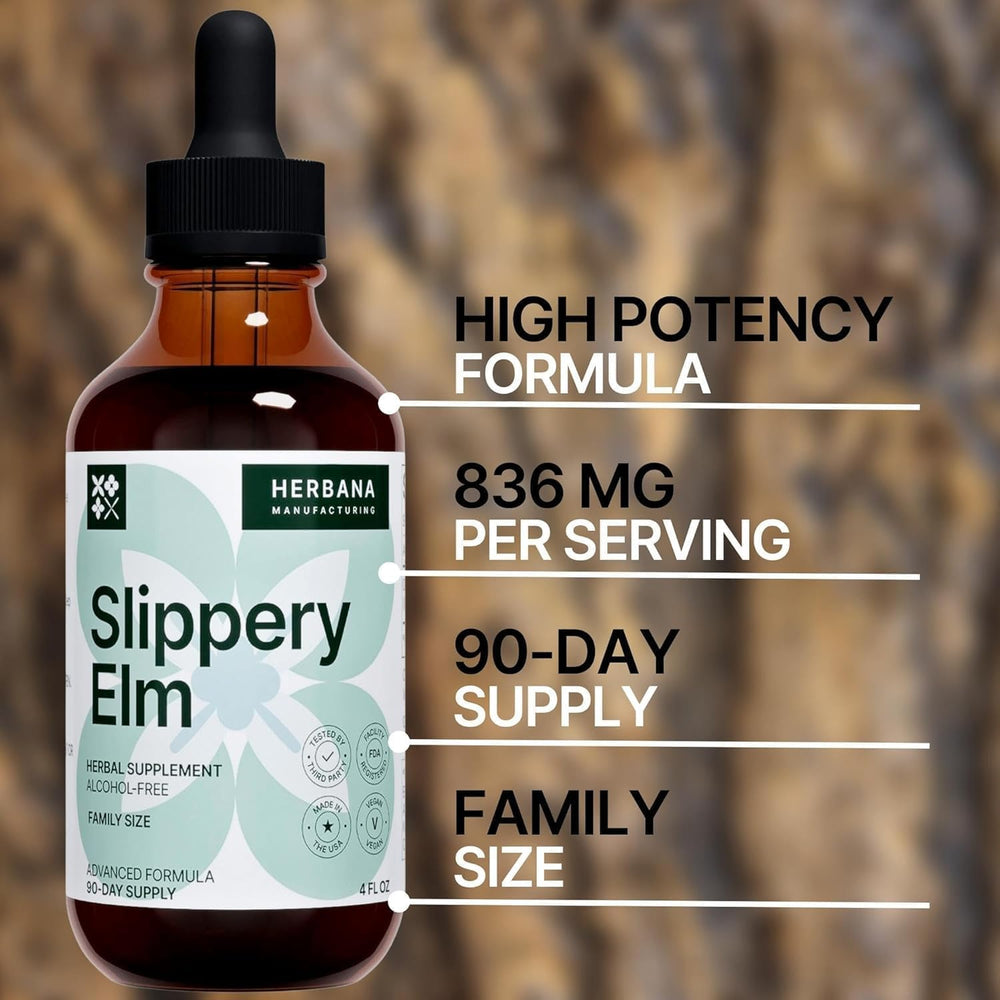 Close-up of HERBANA Slippery Elm Bark dropper tip for precise dosing.