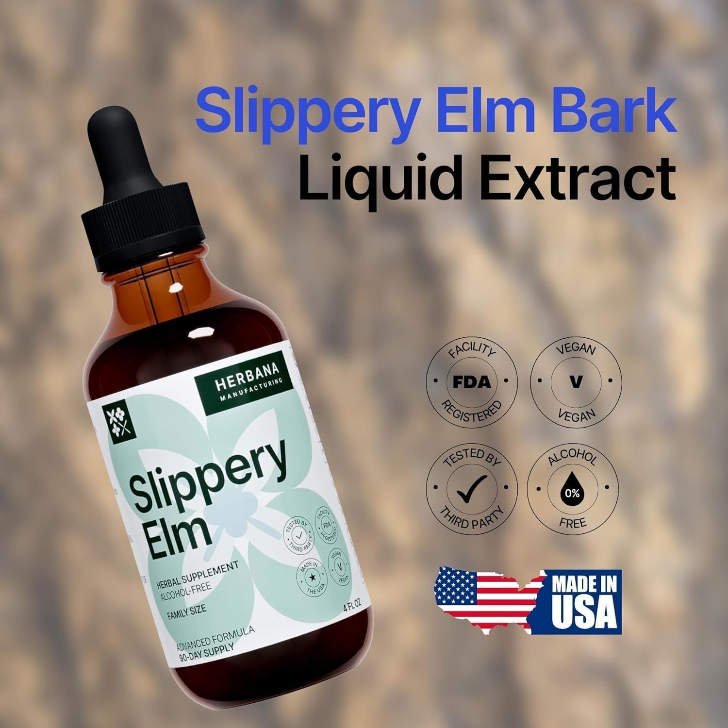 Label detail of HERBANA Slippery Elm Bark tincture showing natural herbal ingredients.