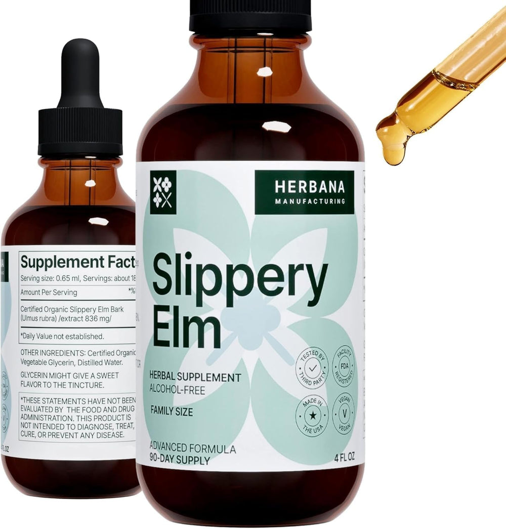HERBANA Slippery Elm Bark liquid extract bottle front with gut support emphasis.