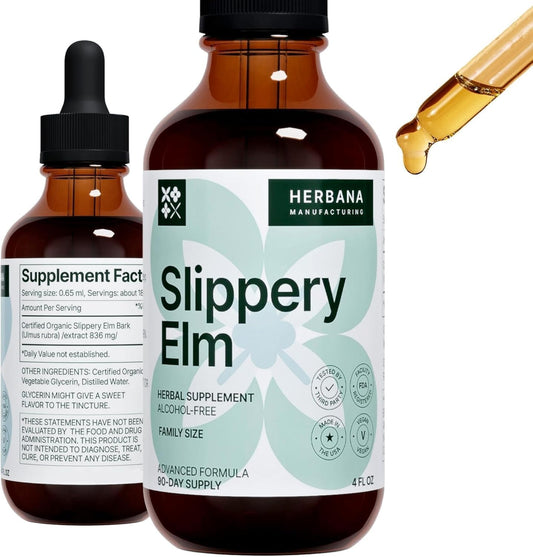 HERBANA Slippery Elm Bark liquid extract bottle front with gut support emphasis.