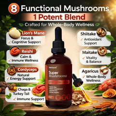 Herbana Super Mushroom Complex drops dissolving in water for quick absorption.