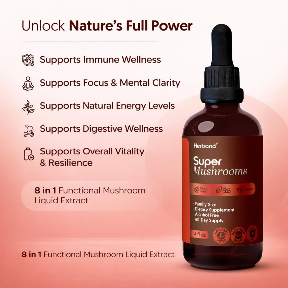 Herbana Super Mushroom Complex dropper dispensing drops for easy daily use.