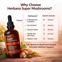 Herbana Super Mushroom Complex glass with serving suggestion for daily use.
