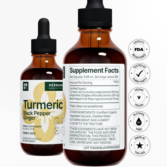 Herbana turmeric ginger black pepper drops showing the blend for daily vitality