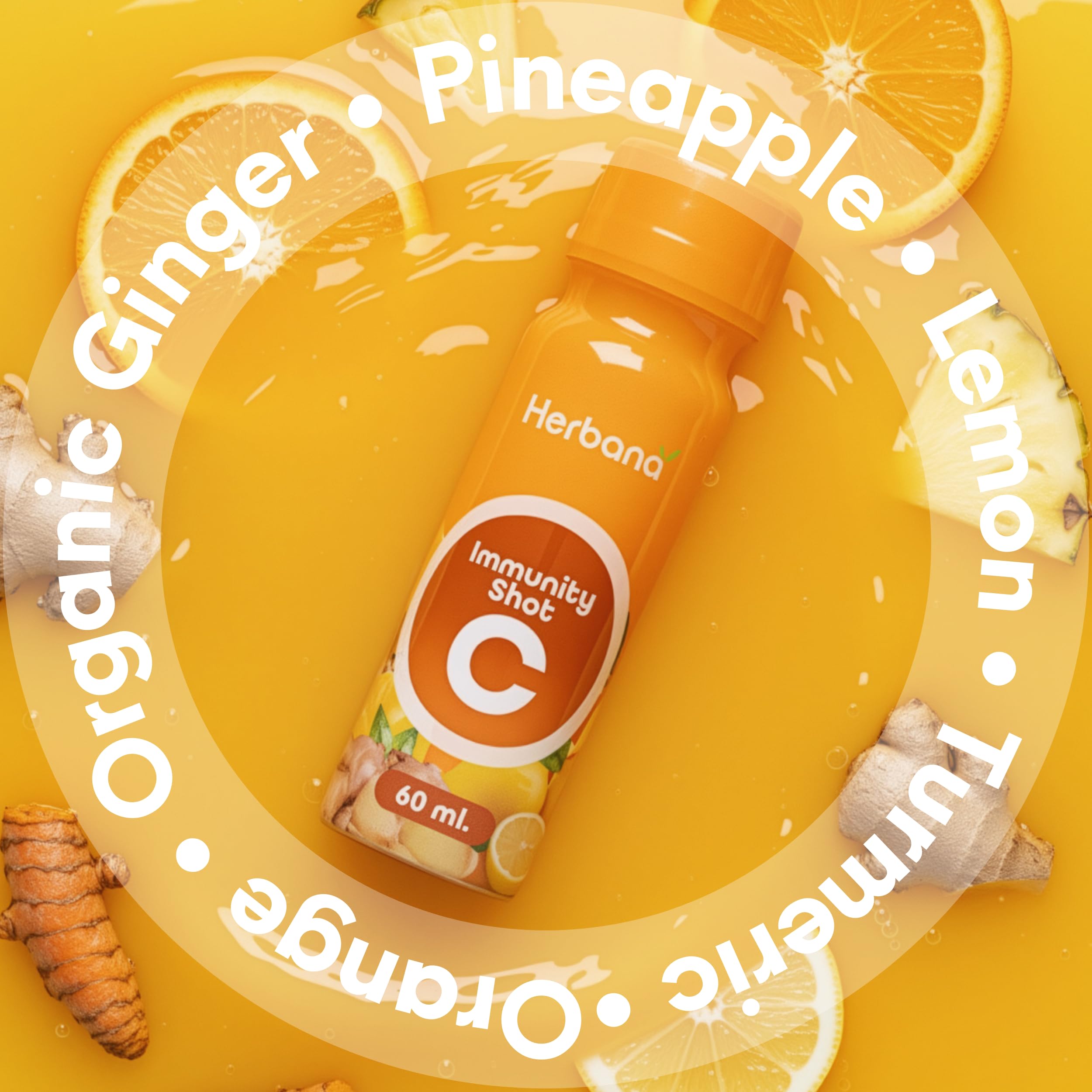 Herbana Wellness Shot bottle with ingredients background