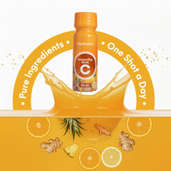 Chilled Herbana Wellness Shot served in a glass for ready-to-drink use