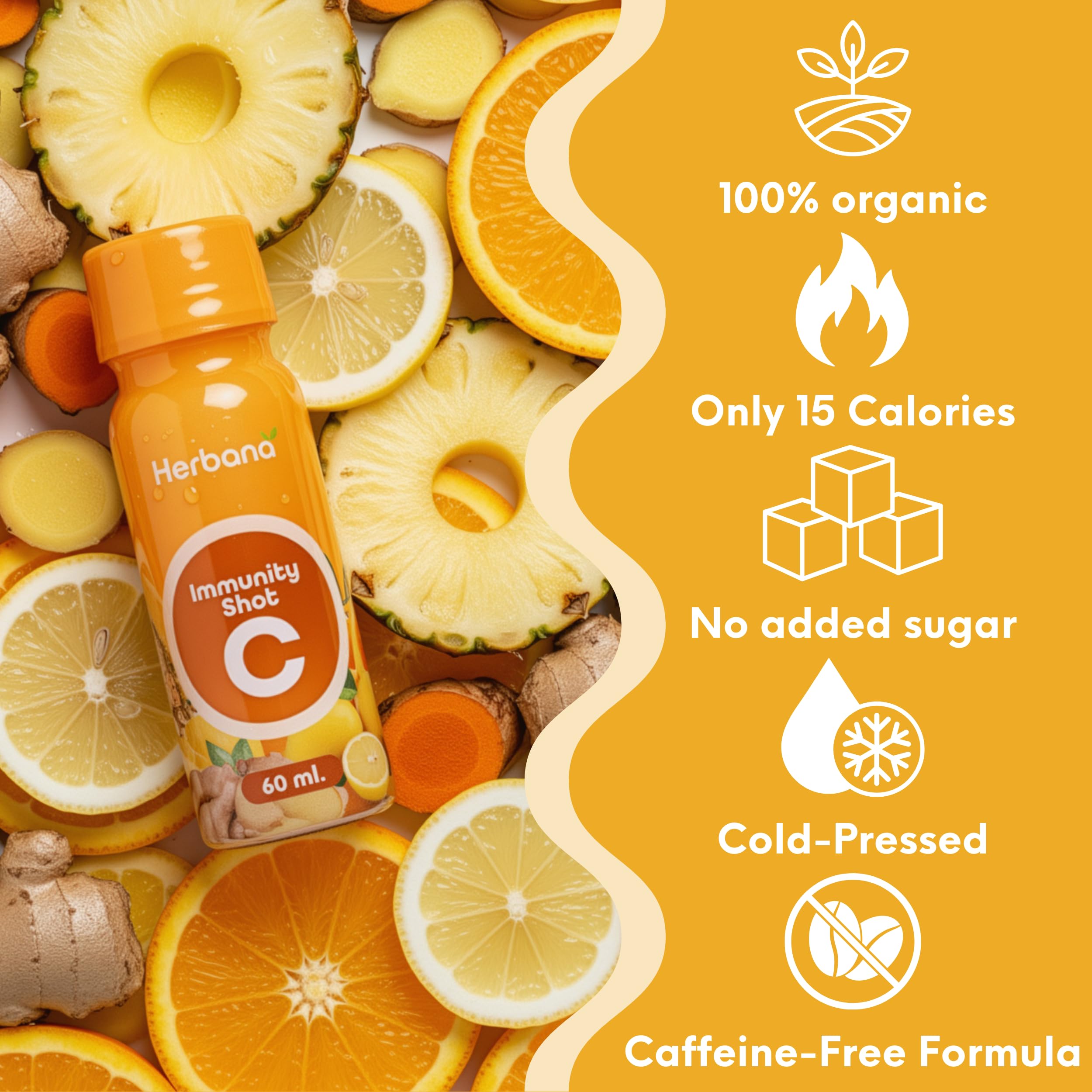 Close-up of ginger and turmeric roots beside Herbana Wellness Shot