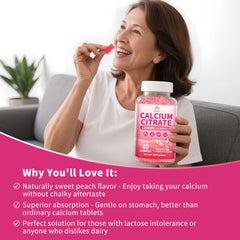 Herbance Calcium Citrate Gummies peach-flavor close-up highlights tasty, sugar-free calcium intake.