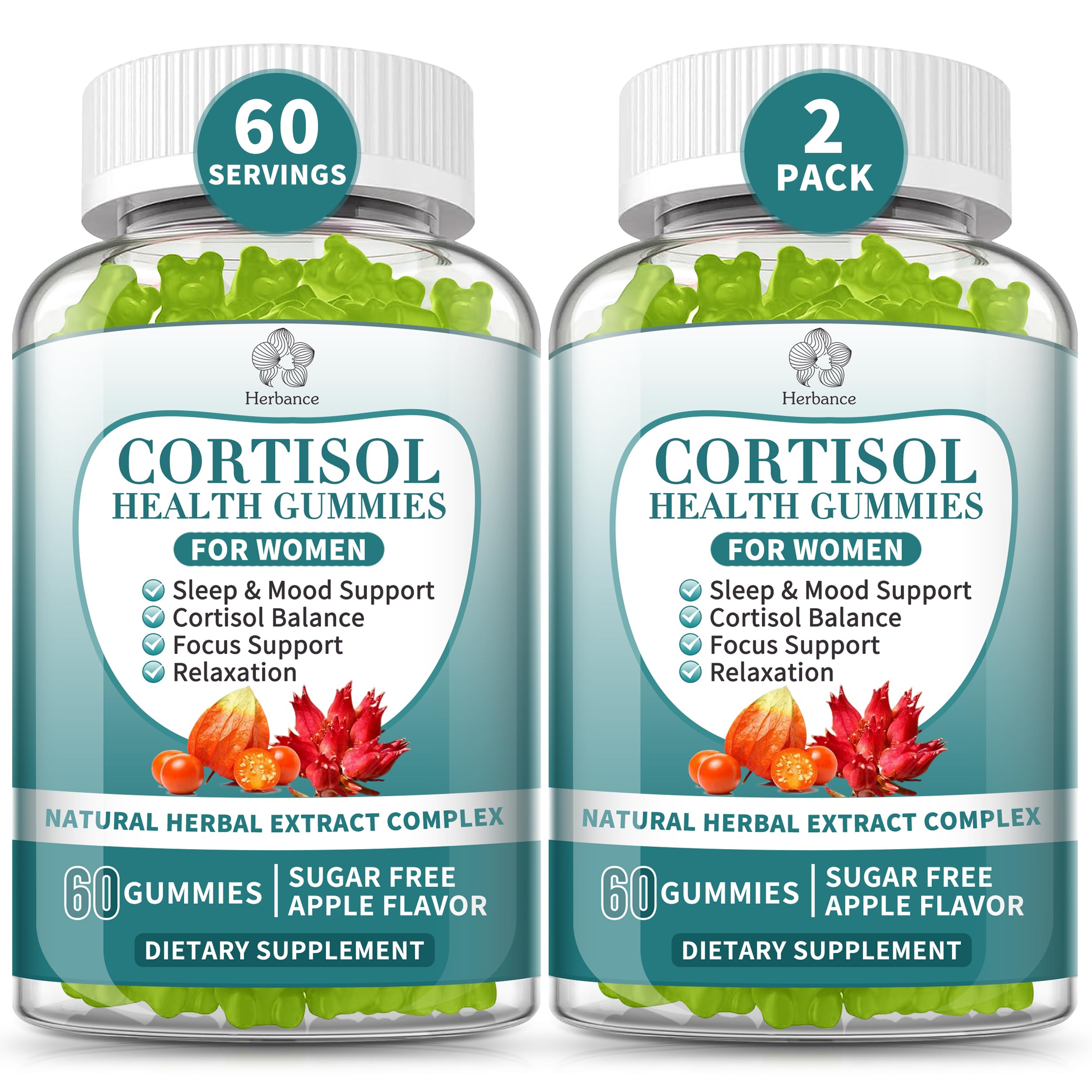 Herbance Cortisol Gummies bottle front label for stress support and daily balance.