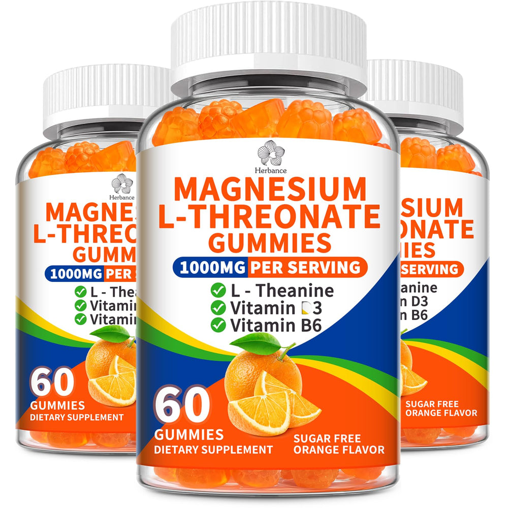 Herbance Magnesium L-Threonate Gummies bottle shows orange flavor for daily use.