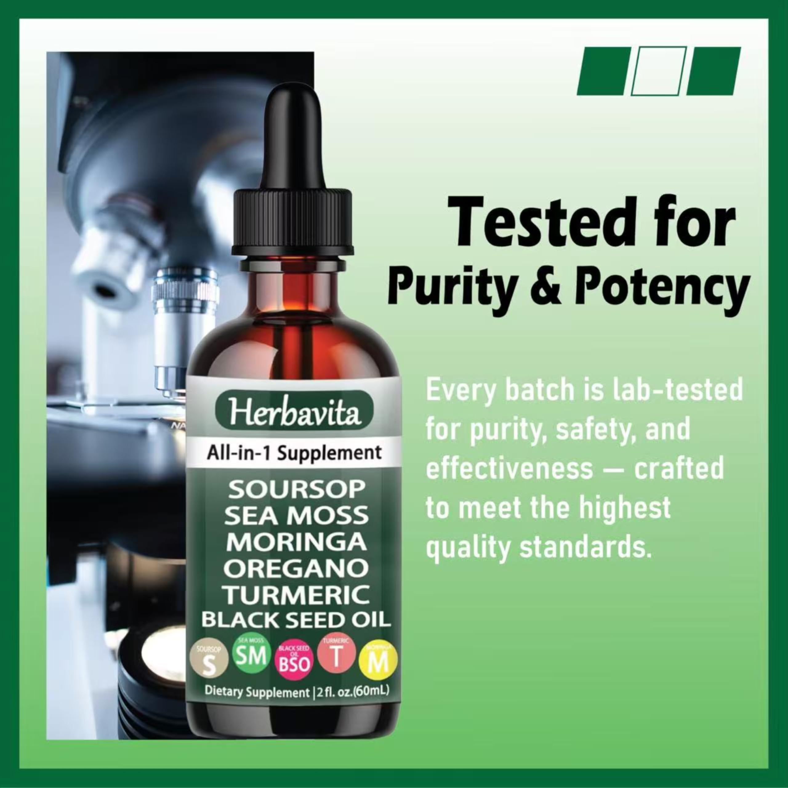 Herbavita Soursop Liquid Drops bottle closeup communicates vegan, non-GMO quality.