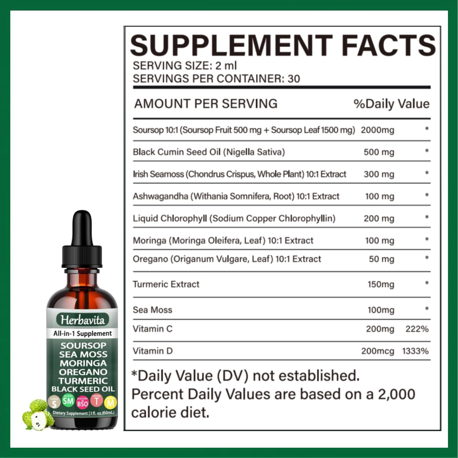 Herbavita Soursop Liquid Drops ingredients blend highlights sea moss and moringa synergy.
