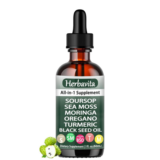 Herbavita Soursop Liquid Drops sea moss bottle image showing immune support potential.