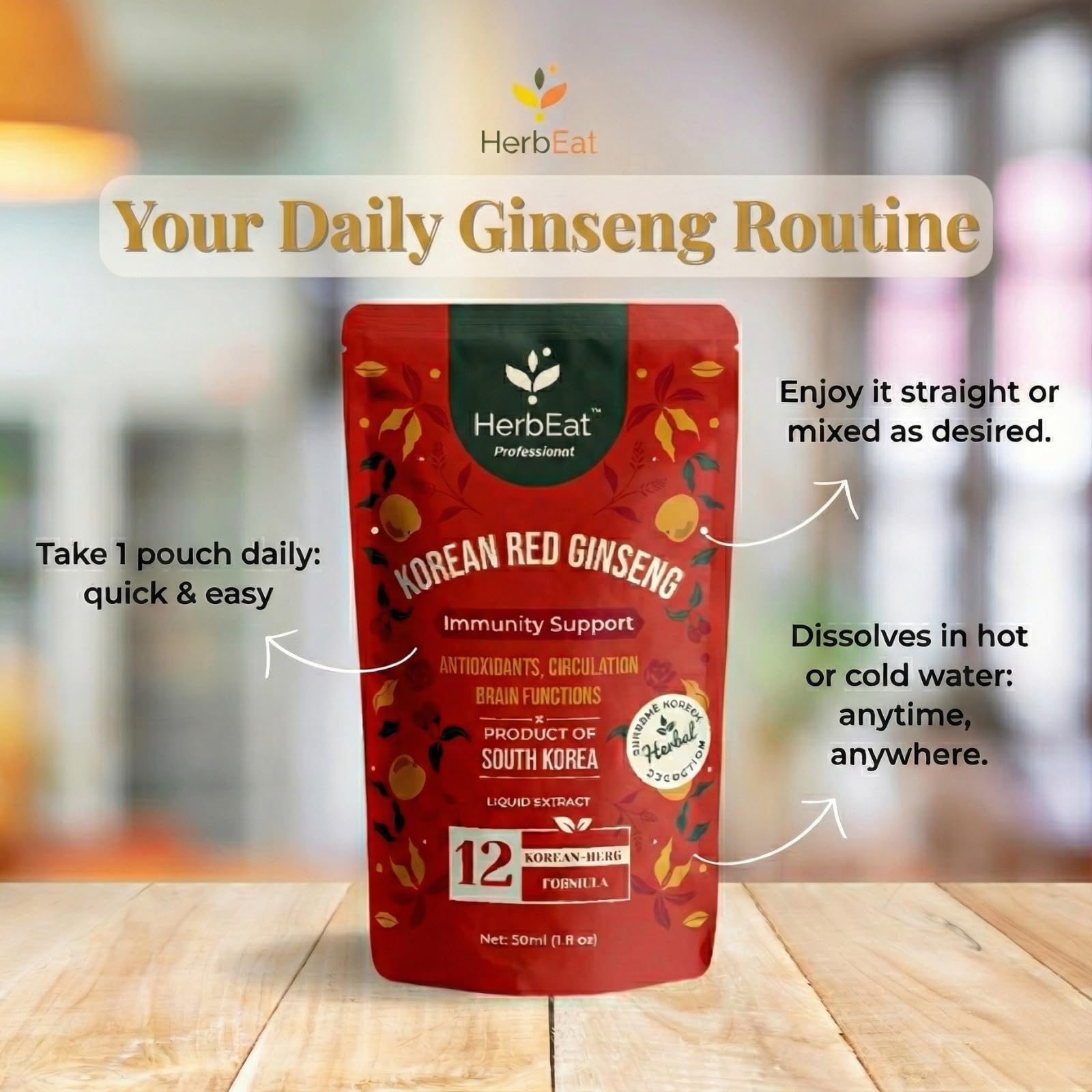 HERBEAT Korean Red Ginseng Prime daily ritual setup with glass.