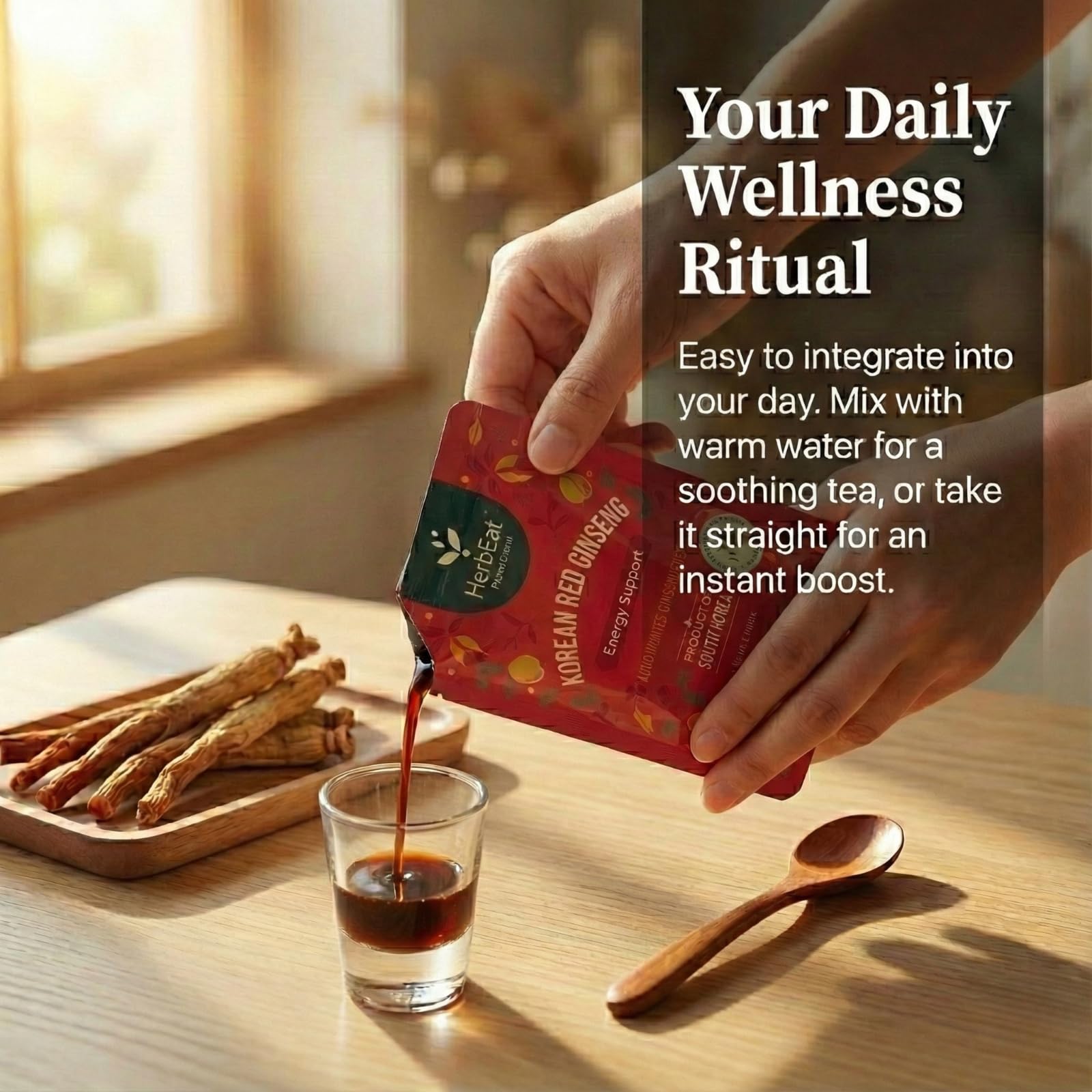 HERBEAT Korean Red Ginseng Prime glass dose with water suggestion.
