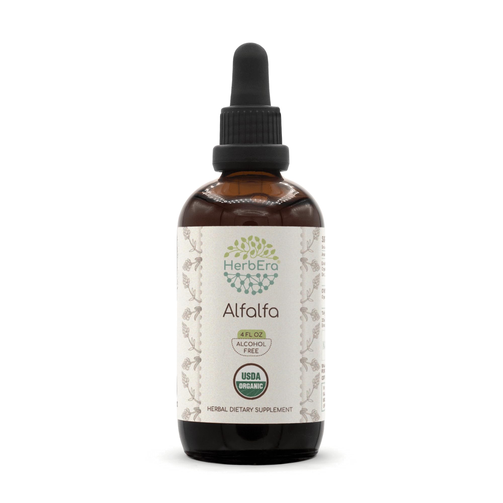 HerbEra Alfalfa tincture bottle with alcohol-free daily drops on wood