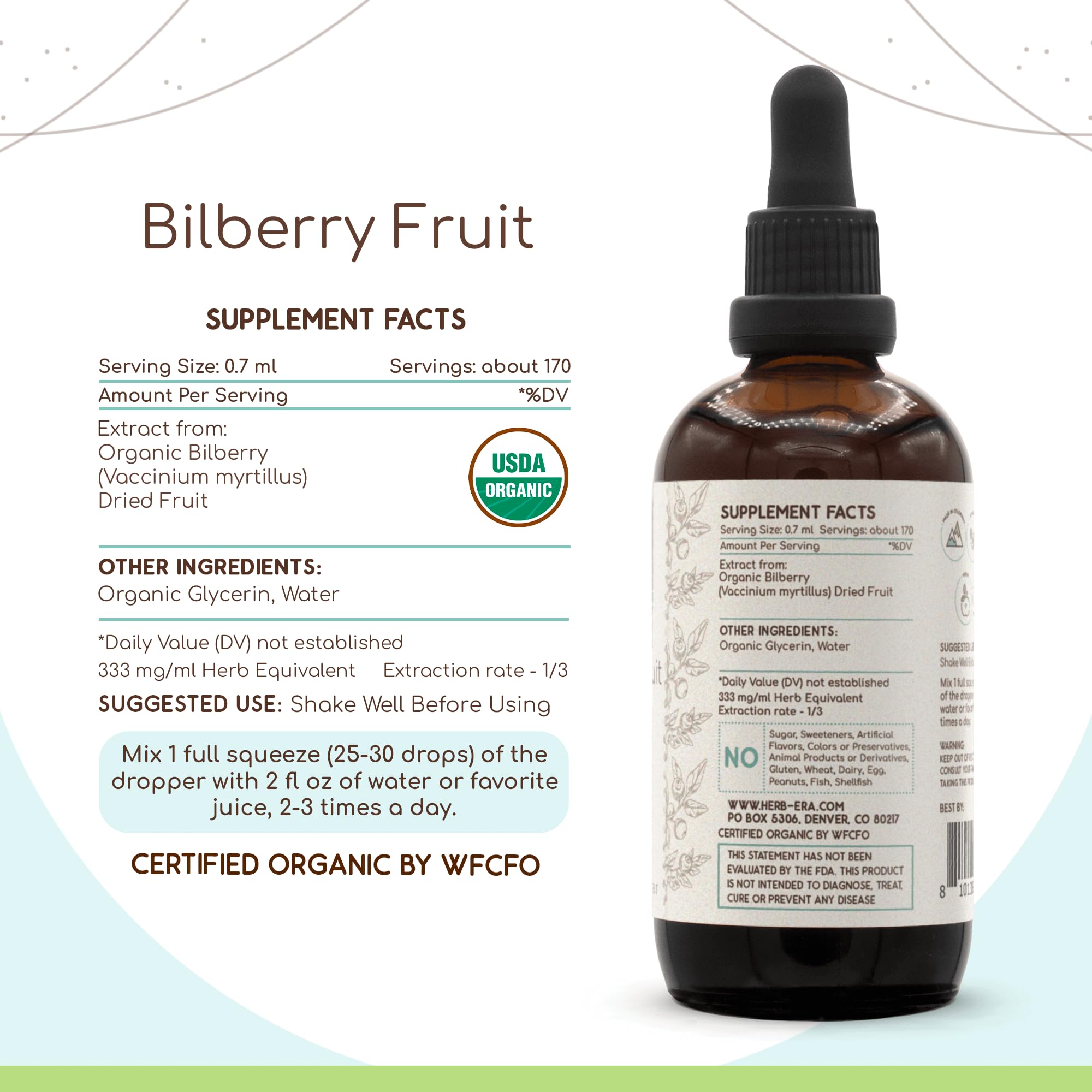HerbEra Bilberry dried fruit label showing organic origin and identity