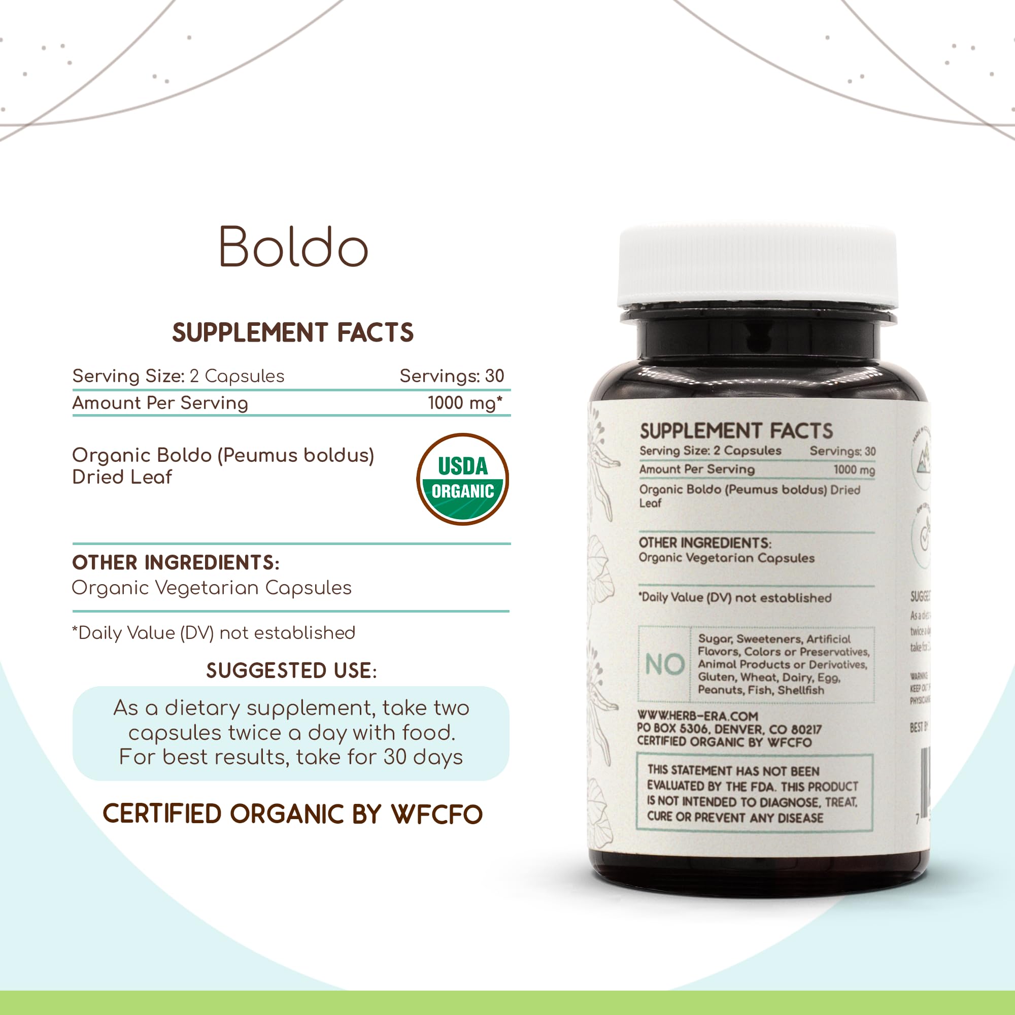 HerbEra Boldo capsules ingredients label highlights organic plant-based content