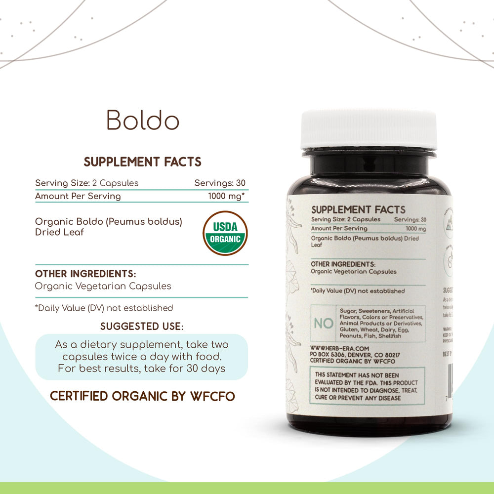 HerbEra Boldo capsules ingredients label highlights organic plant-based content