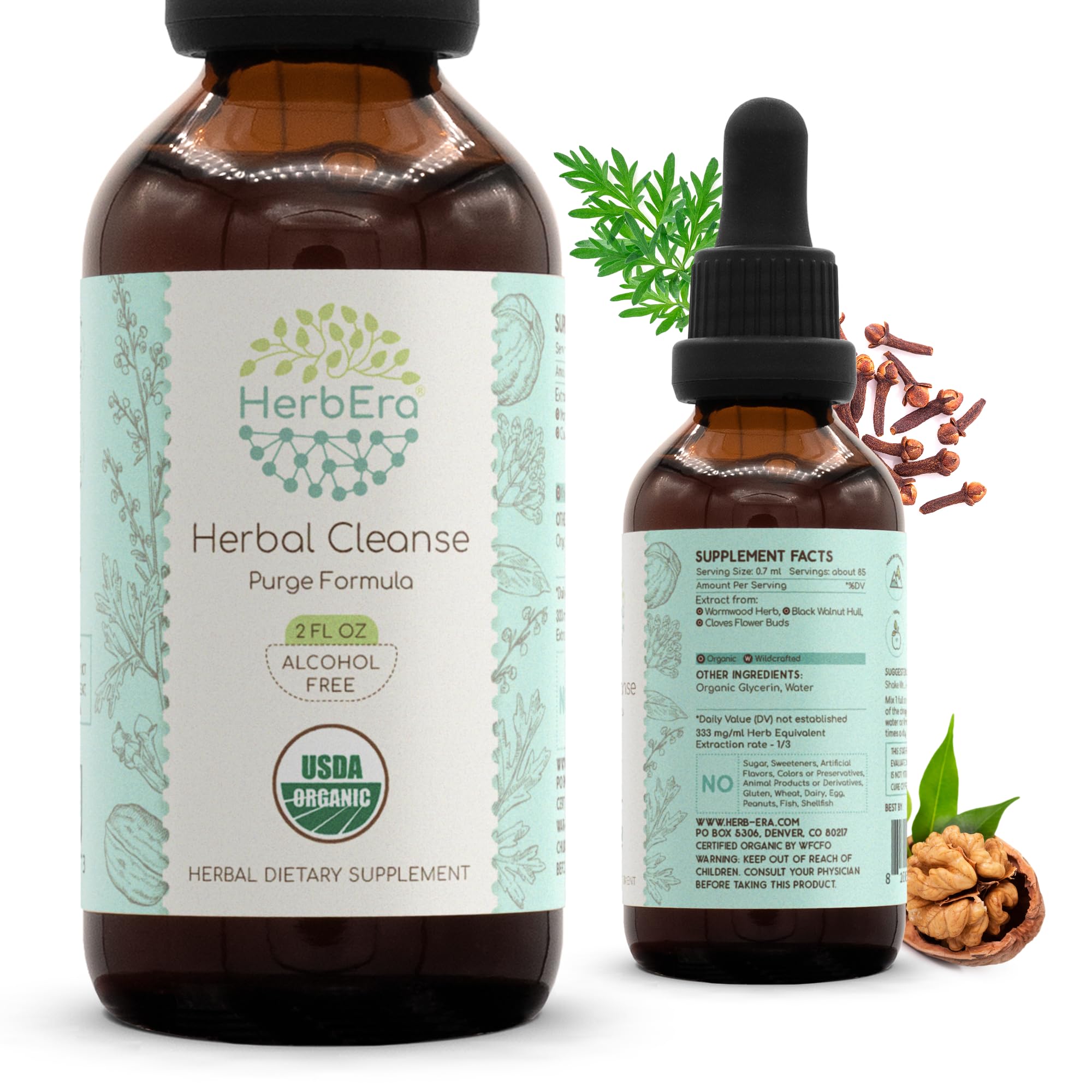 HerbEra bottle with wormwood highlights a pure organic cleanse for daily wellness.