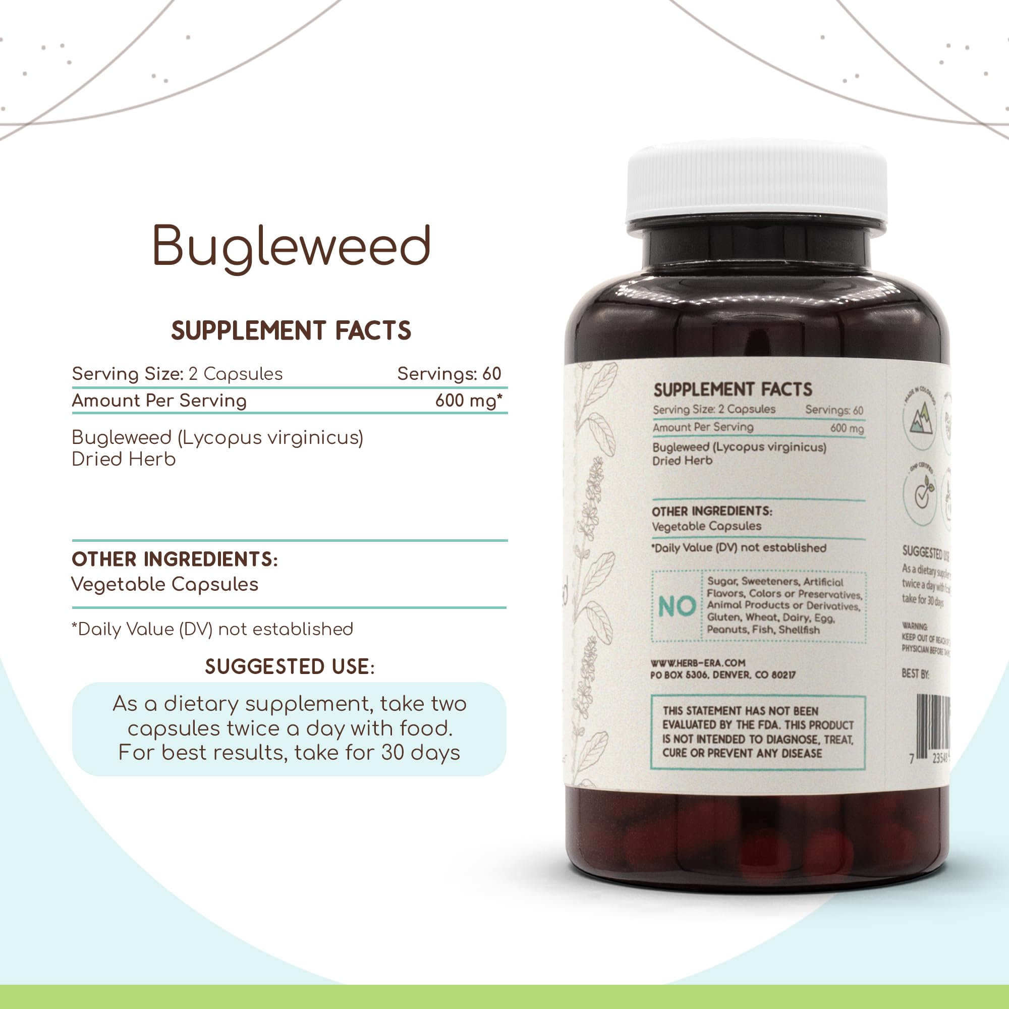 HerbEra Bugleweed capsules close-up emphasizing easy-to-swallow design