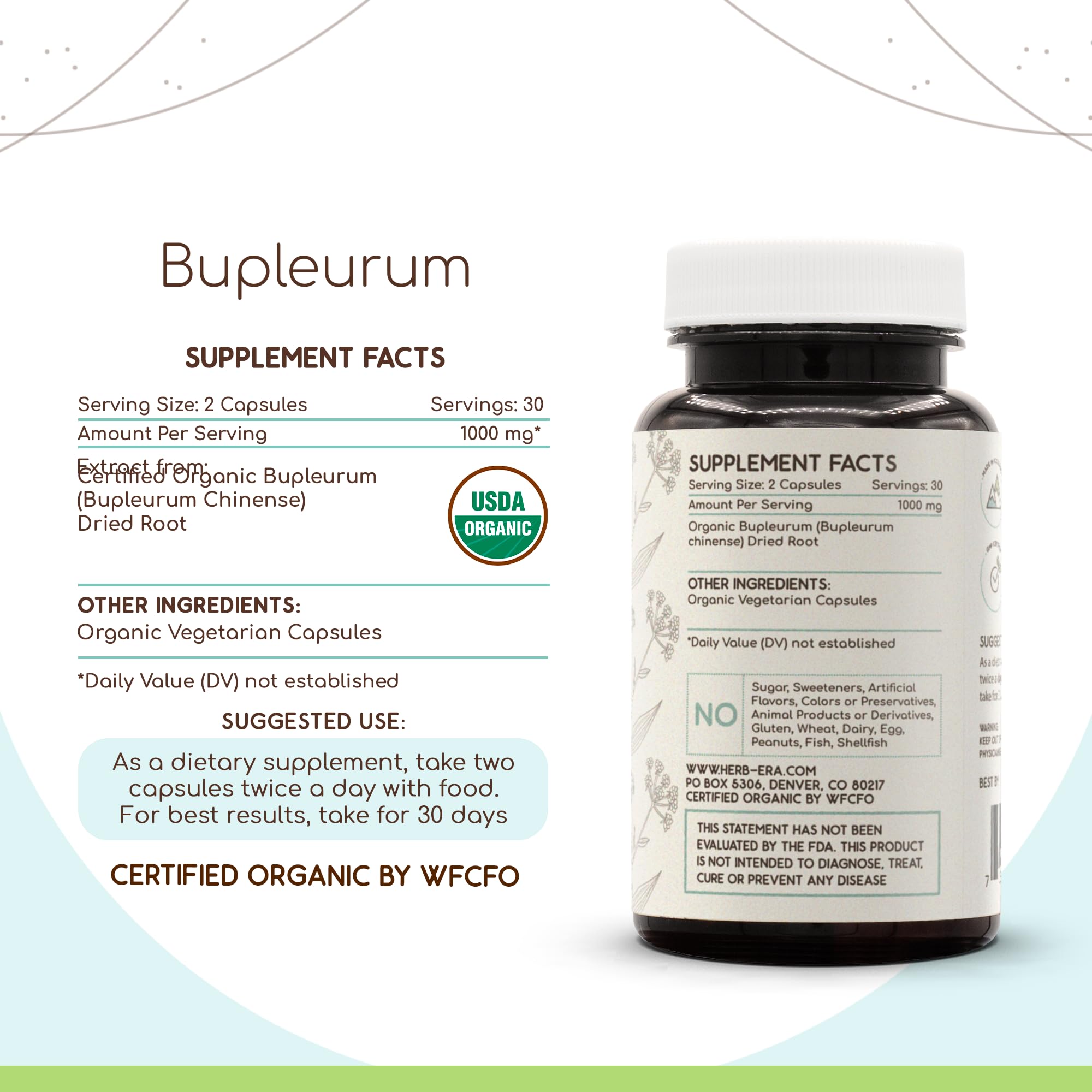 HerbEra Bupleurum label shows organic certification and quality controls.