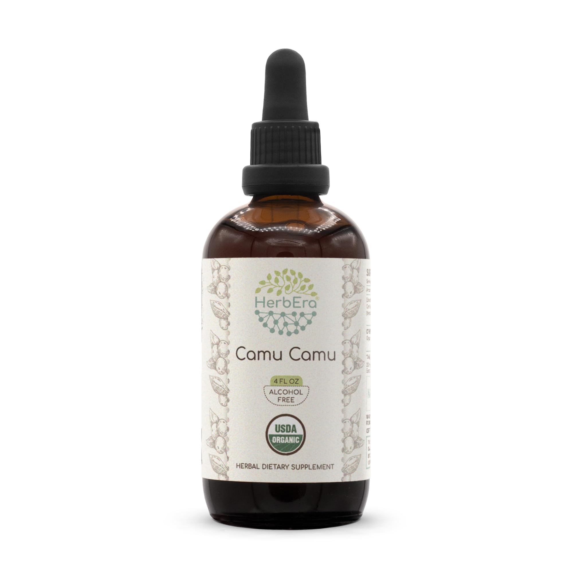 HerbEra Camu Camu tincture bottle showcases organic, alcohol-free extract for daily wellness