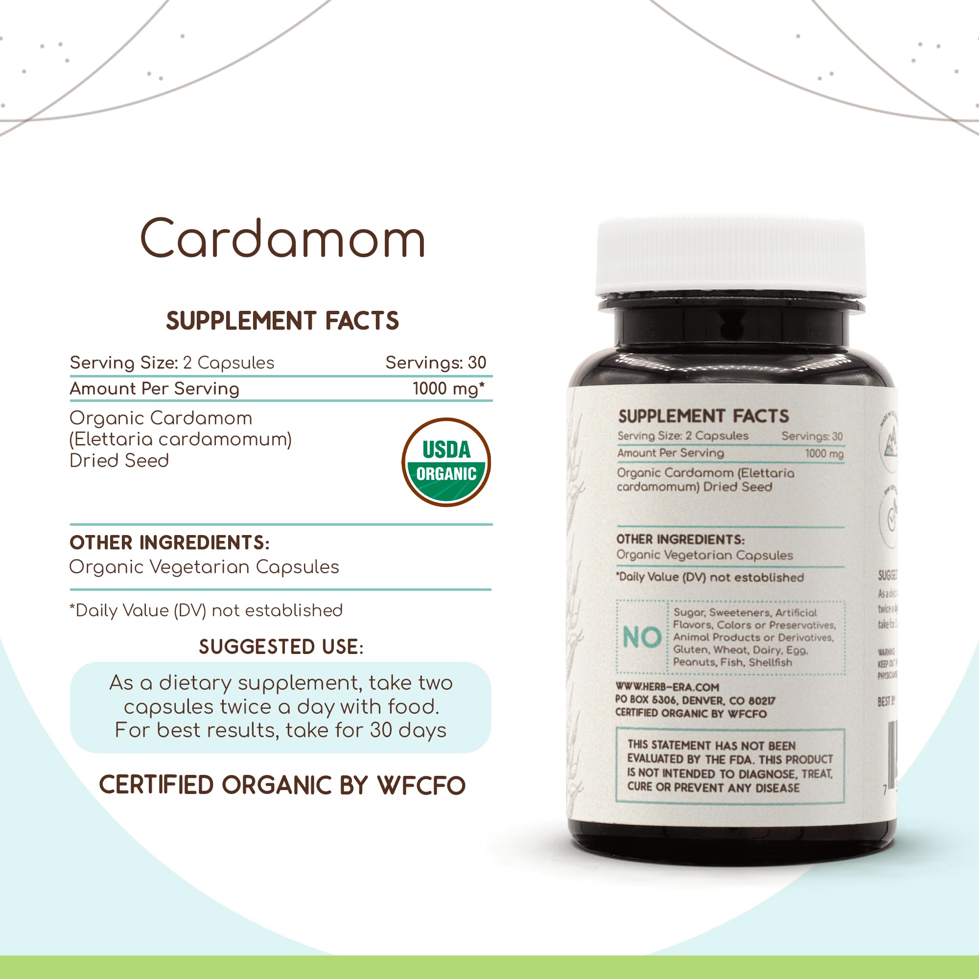 HerbEra Cardamom capsules pour demonstrating easy dosage.