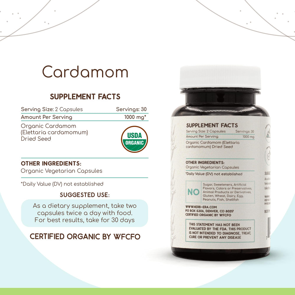 HerbEra Cardamom capsules pour demonstrating easy dosage.
