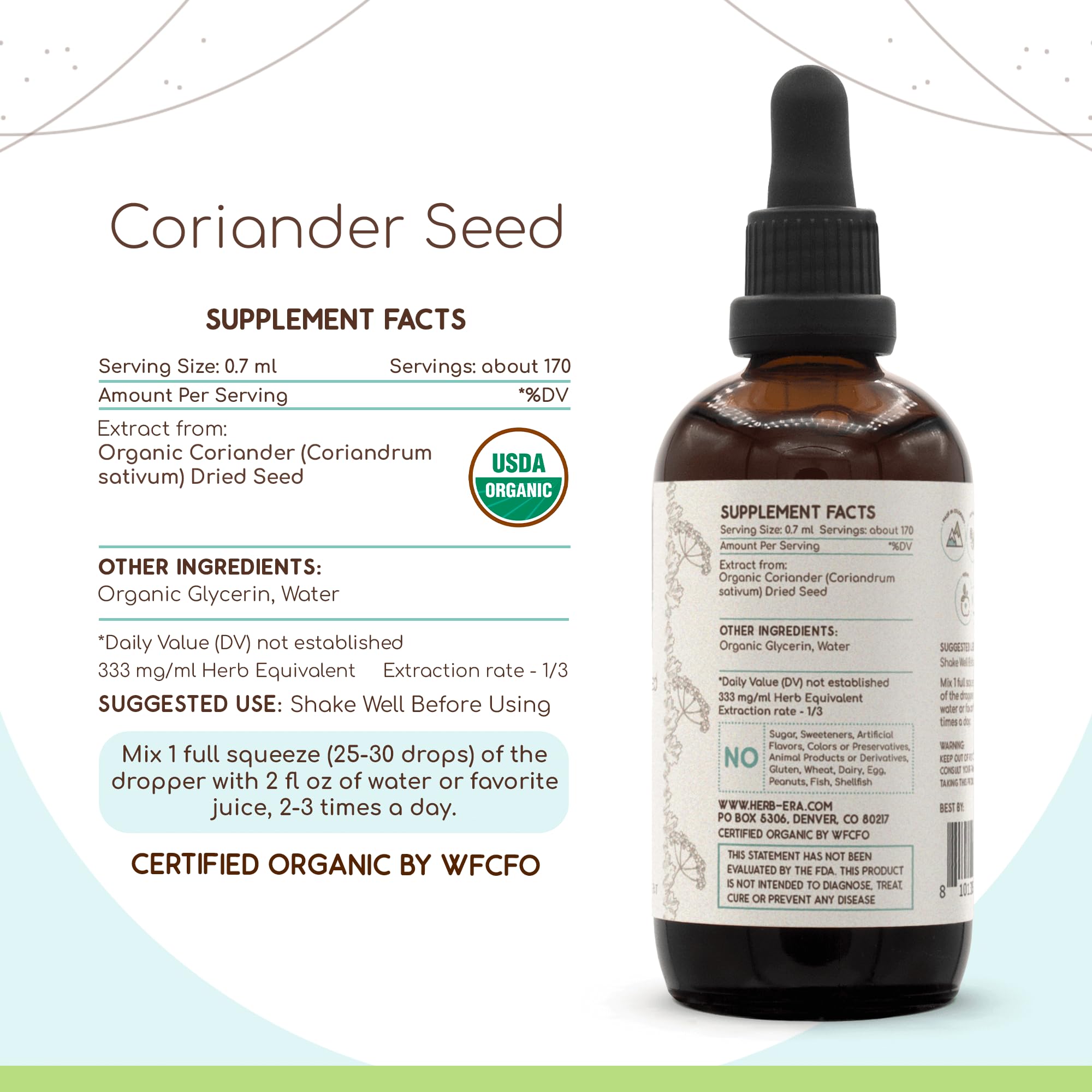 Close-up of dropper with coriander seed tincture for convenient measured drops.
