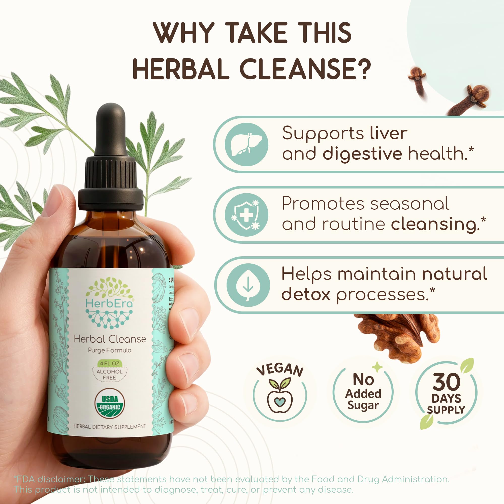 HerbEra Herbal Cleanse bottle pour demonstrating easy dropper dosing