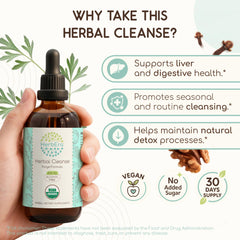 HerbEra Herbal Cleanse bottle pour demonstrating easy dropper dosing