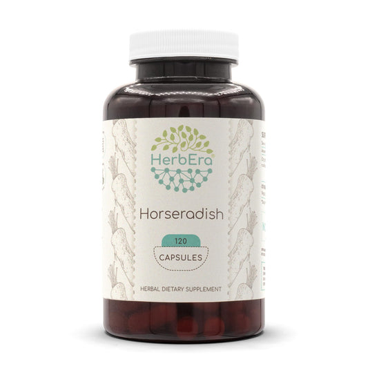 HerbEra horseradish capsules in a bottle, convenient for everyday meals.