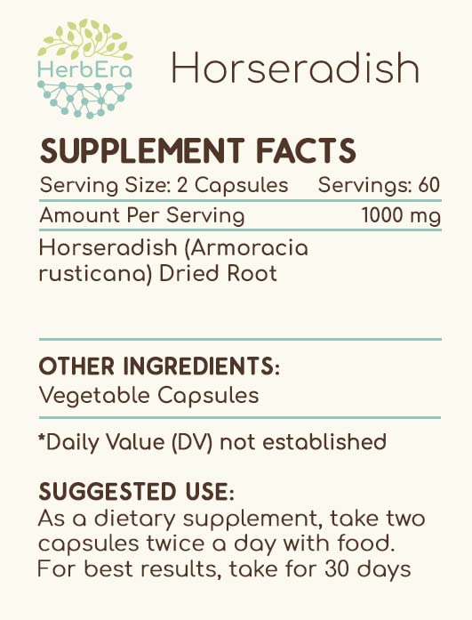 HerbEra horseradish dried root detail emphasizes natural sourcing.