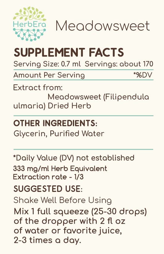 Herbera Meadowsweet tincture label shows ingredients and dosage for mindful use.