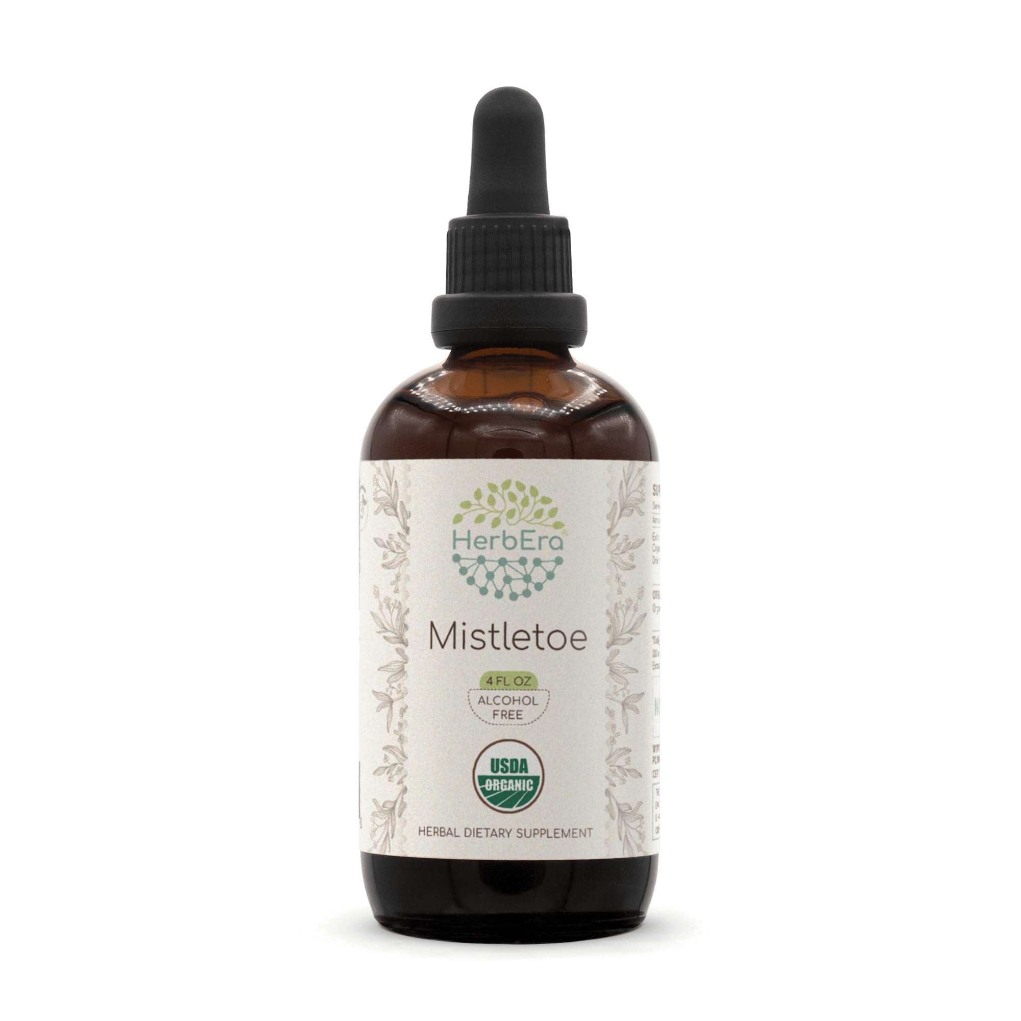 HerbEra mistletoe B120 tincture bottle highlights USDA Organic certification and a clean, alcohol-free formula.