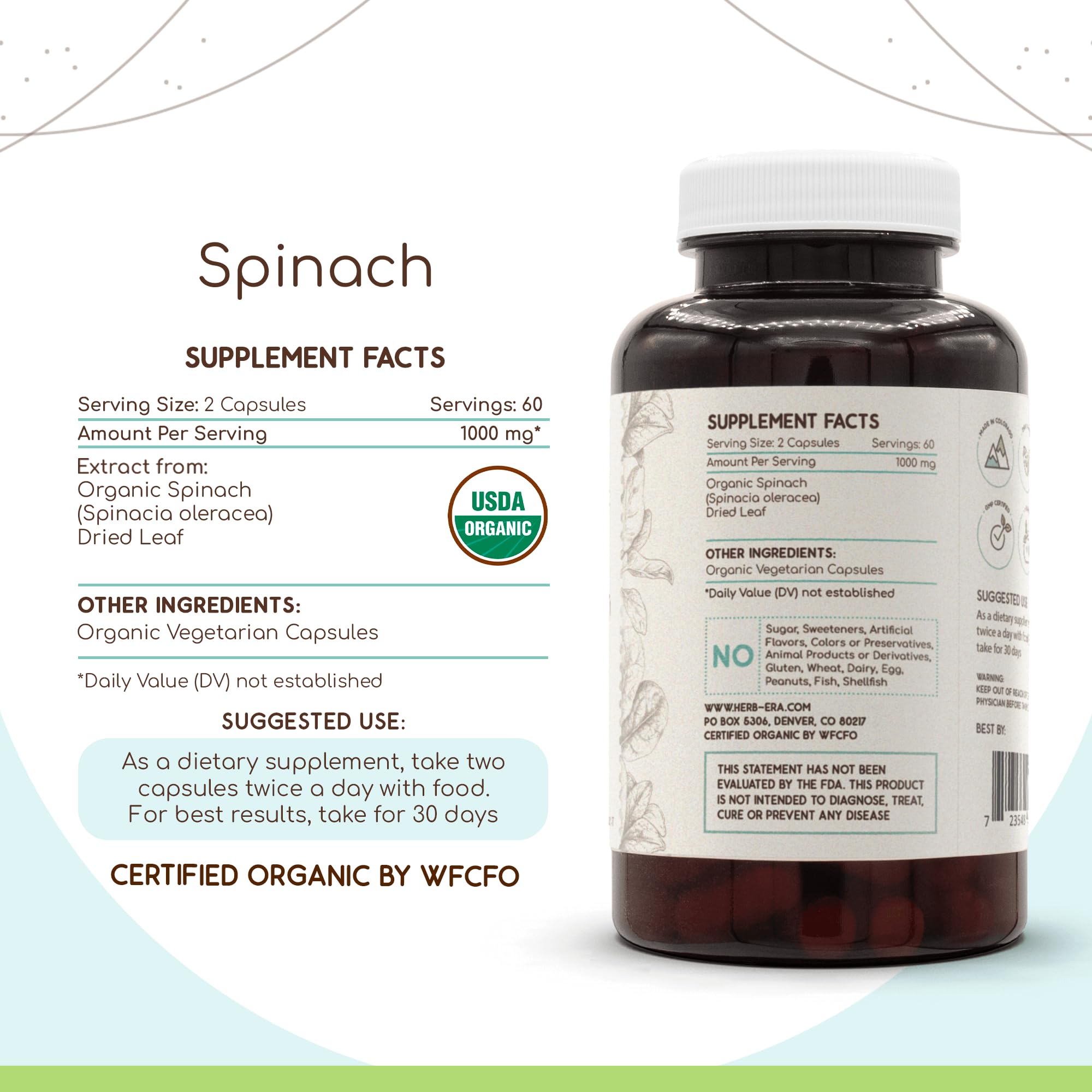 HerbEra spinach dried leaf packaging emphasizing organic origin and USA-made quality