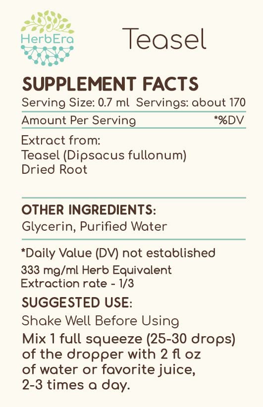 HerbEra Teasel B120 label detail lists ingredients and warnings.