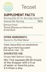 HerbEra Teasel B120 label detail lists ingredients and warnings.