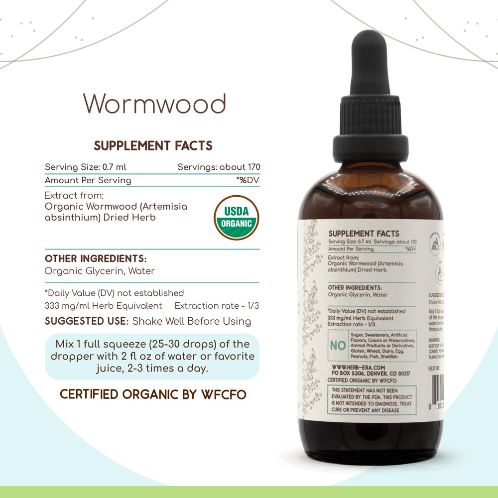 HerbEra Wormwood B120 label closeup, organic-certified, US-made quality
